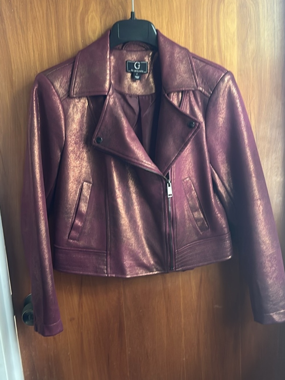 G by Guilliana Metallic Burgundy Moto Jacket